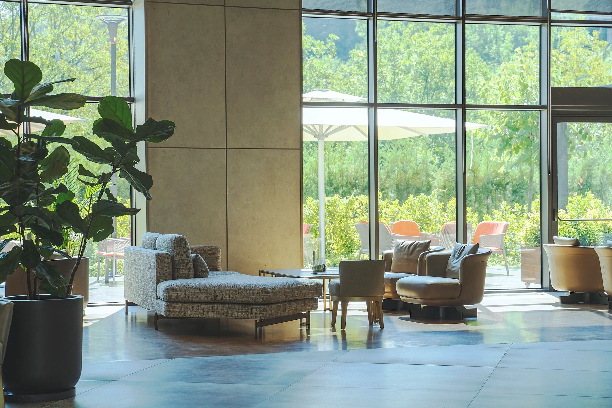 modern hotel lobby comfortable seating
